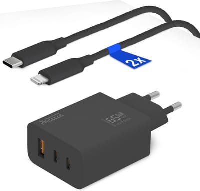 65w oplaadstekker 3 poorten geschikt voor Apple iPhone / iPad / AirPods + Lightning naar USB-C kabel - 1 meter