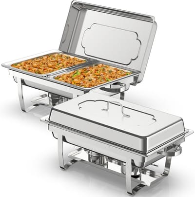 Buffet Warmhoud Set - Catering Dienbladen - Eten Warm Houden - Inklapbaar Frame - 2 x 9 Liter - Zilverkleurig