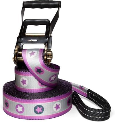 Slackline Set - Balansband Outdoor - Buiten Balanceren - Inclusief Hulpband - 15-25 Meter - Pink Stars