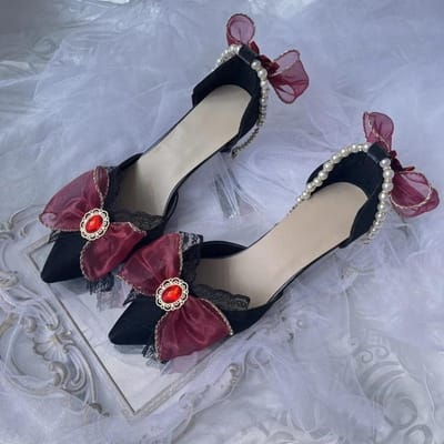 Retro Hofstijl Cosplay Bloem Bruiloft Meisje Mysterieus Elegant Theekransje Edelsteen Parel Strik Kant Zijde Satijn 9cm Hoge Hakken 40 gray
