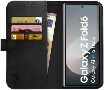 Rosso Deluxe Echt Leer Hoesje Geschikt voor Samsung Galaxy Z Fold 6 | Ruimte voor drie pasjes | Portemonnee Book Case | Met Pasjeshouder | Zwart