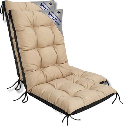 Tuinstoelkussens Hoge Rug Set: 2x 50x120 cm - Kussens voor Tuinstoelen & Standenstoel Terrasstoel Beige Stoelkussens Tuin Zitkussen Extra Dik 10 cm met Bindlinten