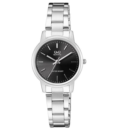 Q&Q QA47J212Y - Horloge - Analoog - Dames - Vrouwen - stalen band - Rond - Metaal - Cijfers - Zilverkleurig - Zwart