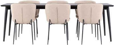 Ellis eethoek tafel 85x230cm en 6 bouclé stoelen zwart.