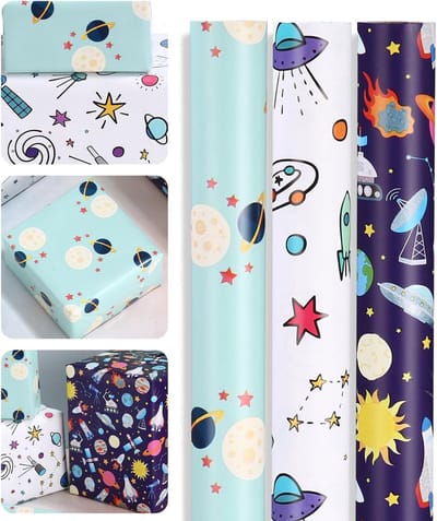 SnelShoppen - 3 Rollen Cadeaupapier Verjaardag Kinderen, Ruimte Inpakpapier 43 x 300 cm voor Jongen en Meisje, Perfect voor Ruimtefeestjes en Pasen