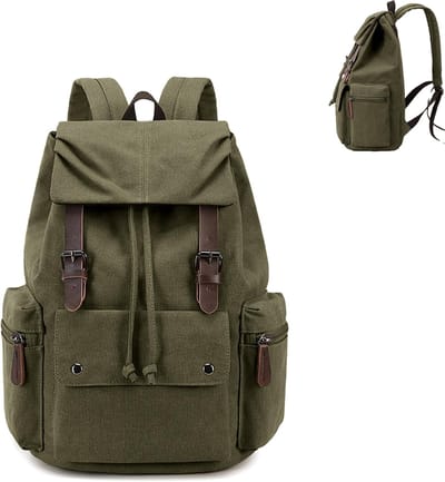 KZQ Retro canvas en leren studenten laptoprugzak - Duurzame unisex tas voor wandelen werk en reizen - Waterafstotend - Kaki