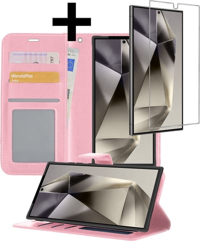 Hoesje - Met Screenprotector - Geschikt voor Samsung Galaxy S24 Ultra - Luxe Pasjeshouder - Bookcase Portemonee - Flip Case - Kunstleer Book Case - Flipcase - Book Cover - Walletcase - Portemonneehoes - Telefoonhoesjes - Lichtroze