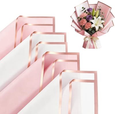 40 vellen bloemenpapier roze wit met rozen gouden rand, 57 x 57 cm, waterdicht, boeket papier, cadeaupapier voor bloemenkunst, doe-het-zelf, bruiloftsdecoratie