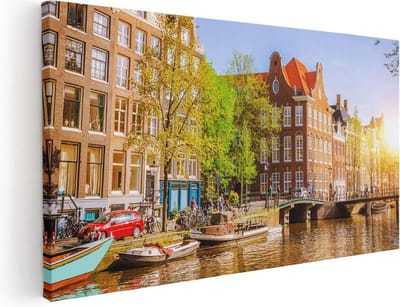 Artaza Canvas Schilderij Amsterdamse Grachten - 40x20 cm - Klein - Wanddecoratie Amsterdam - Muurdecoratie Woonkamer - Schilderijen Op Canvas Stad