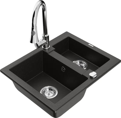 Mexen Carlos granieten spoelbak 1,5-komerig met keukenkraan Elia, zwart/goud metallic - 6518-75-670101-00