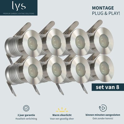 Olan Grondspots Complete Set - Tuinverlichting -''Buitenverlichting zonder gedoe''- 8 Aluminium/RVS Spots - Binnen minuten aangesloten - Milieuvriendelijk Alternatief voor Zonne-energie Tuinverlichting
