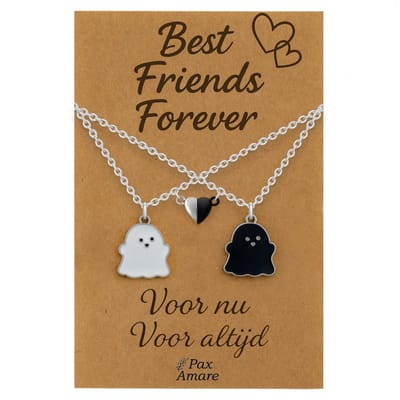BFF Ketting voor 2 'Best Friends Forever' - Spookjes + Magnetisch Hartje - Vriendschapsketting op Cadeau Kaartje - 45cm + 5cm verstelbaar - Zilverkleurig - Best Friends Hanger - Pax Amare