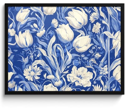 Poster in lijst - Fotolijst 70x50 cm - Posters - Bloemen - Delfts Blauw - Patroon - Tulp - Posterlijst zwart - Decoratie - Wanddecoratie woonkamer - Muurdecoratie slaapkamer