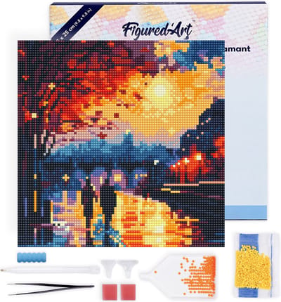 Figured'Art Mini Diamond Painting set Volwassenen 25x25 cm met lijst Romantische Nacht - 5D DIY Art full drill ronde diamant - Canvas al ingelijst