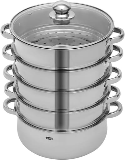Stoompan Met Glazen Deksel - Stoomkoker Set - Gezond Koken - Vijf Lagen Stapelbaar - 28 cm Diameter - Zilverkleurig