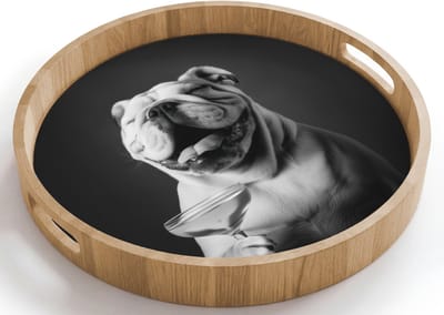 Dienblad rond 40x40 cm - Schootdienblad hout - Buldog - Hond - Glas - Borrelplank rechthoek - Plateau houten dienbladen