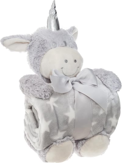 Atmosphera Pluche eenhoorn met deken grijs - Kraamcadeau - Plaid - Knuffel - Baby -  Extra zacht