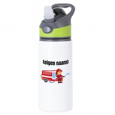 Hacebo® - Brandweerman met brandweerwagen waterfles met rietje groen - Brandweer - iemand die werkt bij de brandweer - met eigen naam - leuk cadeau voor iemand die bij de brandweer werkt - cadeau - kado - water fles - 650ML