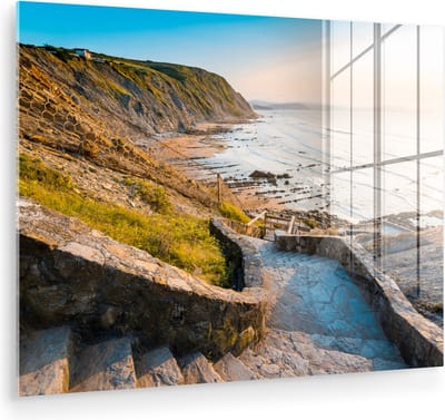 MuchoWow® Glasschilderij 80x60 cm - Schilderij acrylglas - Zee - Trap - Stenen - Foto op glas - Muurdecoratie woonkamer - Wanddecoratie slaapkamer - Schilderijen