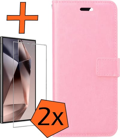 Hoes - Met 2x Screenprotector - Geschikt voor Samsung Galaxy S24 Ultra - Luxe Pasjeshouder - Bookcase Portemonee - Flip Case - Kunstleer Book Case - Flipcase Hoes - Book Cover - Walletcase - PortemonneeHoes - Lichtroze