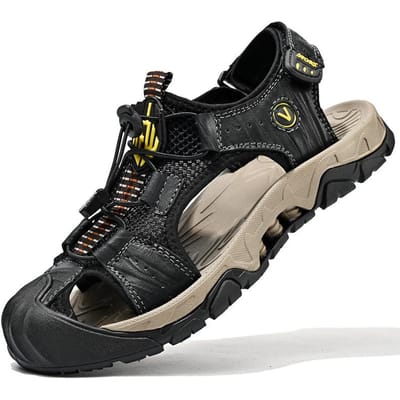 Heren Leren Sandalen Zomer Waterdichte Strand Schoenen Outdoor Sport en Casual Ademend Antislip Zomer Upstream Sandalen met Gesloten Teen 46 black