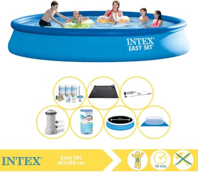 Intex Rond Opblaasbaar Easy Set Zwembad - 457 x 84 cm - Blauw - Inclusief Pomp - Solarzeil - Onderhoudspakket - Filter - Grondzeil - Stofzuiger - Solar Mat - 8-delig