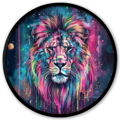 Poster in lijst Rond - Fotolijst 40x40 cm - Posters - Leeuw - Verf - Kleurrijk - Zwart - Dieren - Ronde posterlijst zwart - Decoratie - Wanddecoratie woonkamer - Muurdecoratie slaapkamer