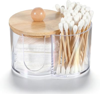 Katoenen Swab Houder met Houten Deksel, Transparante Acryl Opbergdoos voor Make-up en Badkamer, Stofdicht en Praktisch voor Oorbellen en Wattenpads
