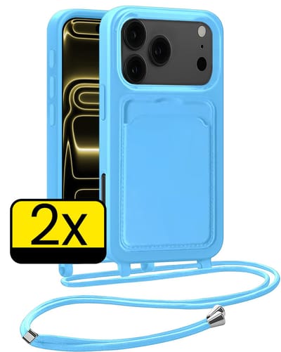 Hoesje Geschikt voor iPhone 17 Pro Max Telefoonhoesje Met Koord Case Pashouder Siliconen - Hoes Geschikt voor iPhone 17 Pro Max Hoesje Met Kaarthouder - Lichtblauw - 2 Stuks
