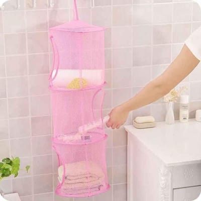 Organisateur suspendu en maille à 3 niveaux avec cages ouvertes empilables - Idéal pour peluches, hamac à jouets polyvalent, hamac filet de rangement cylindrique rose