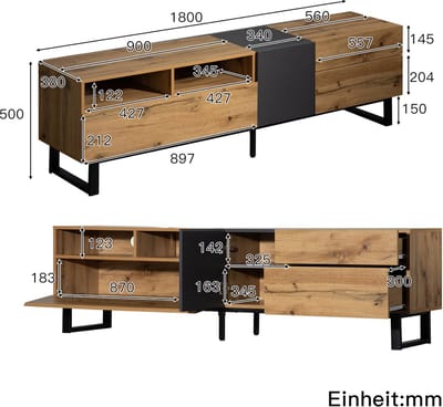 TV-meubel 180 cm Eiken & Antraciet – Modern TV-kast met Opbergruimte, Schuifladen en Zwarte Metalen Poten