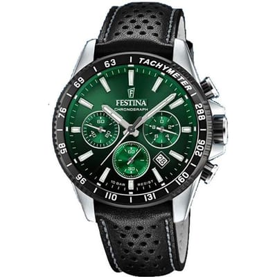 Festina F20561/5 Heren Horloge - Chronograaf - Mineraalglas - Roestvrijstaal/Leer - Zilverkleurig - Ø 45 mm - Quartz - Gesp - 10 ATM (zwemmen)