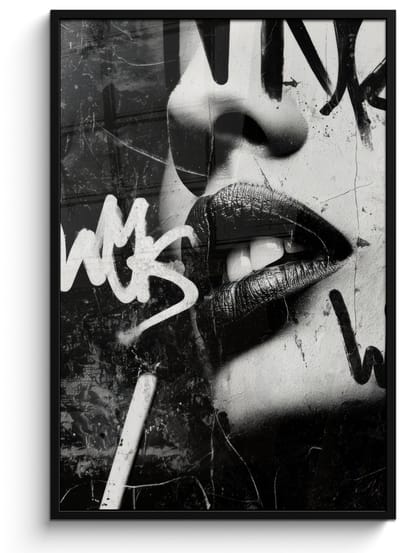 Poster in lijst - Fotolijst 80x120 cm - Posters - Gezicht - Mond - Graffiti - Zwart - Posterlijst zwart - Decoratie - Wanddecoratie woonkamer - Muurdecoratie slaapkamer