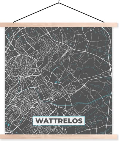 Posterhanger incl. Poster 40x40 cm - Schoolplaat - Wattrelos - Plattegrond - Kaart - Stadskaart - Frankrijk - Textielposter - Blanke latten - Stadskaart