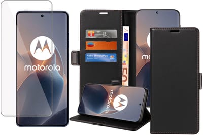 Book Case & Screenprotector geschikt voor Motorola Edge 50 Neo / Edge 60 Neo Hoesje Screenprotector - Gehard Glas Cover + Magnetische Sluiting - Portemonnee Rustic Zwart