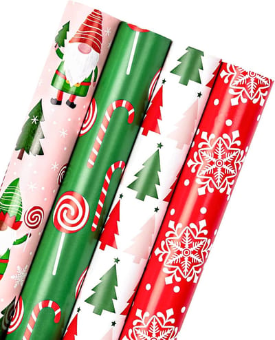 Kerstcadeaupapier - Feestelijke Rollen - Geschenken Inpakken - Met Handige Rasterlijnen - 4 Rollen 76x300cm - Vrolijke Kleuren