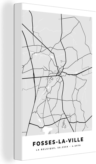 Canvas Schilderij Stadskaart – Plattegrond – België – Zwart Wit – Fosses la Ville – Kaart - 20x30 cm - Wanddecoratie