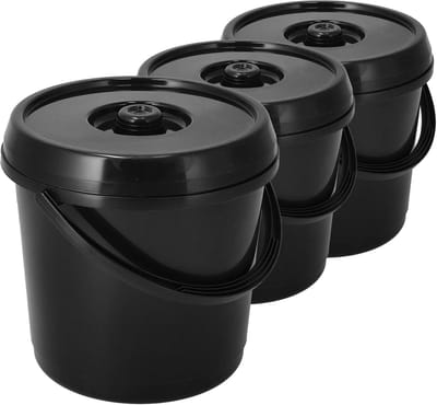 Emmers met Deksel Set 3 stuks – 14 Liter Emmers Sterke Kunststof - Emmers met Handvaten – Zwarte Plastic Emmers Deksel