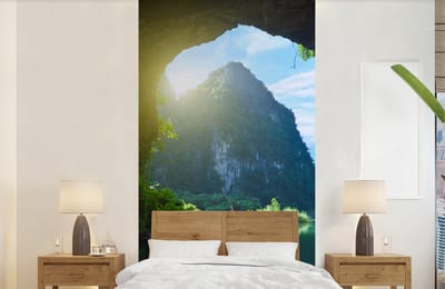Behang - Fotobehang Water - Grot - Zon - Natuur - Planten - Breedte 120 cm x hoogte 240 cm