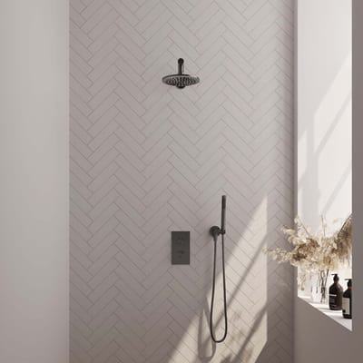 Brauer Gunmetal Edition thermostatische inbouw regendouche 3-weg omstelling SET 25 met 20 cm douchekop en rechte muurarm en staaf handdouche en doucheslang en wandaansluitbocht gunmetal geborsteld PVD