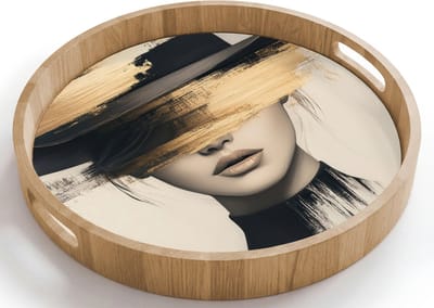Dienblad rond 40x40 cm - Schootdienblad hout - Vrouw - Hoed - Verf - Borrelplank rechthoek - Plateau houten dienbladen