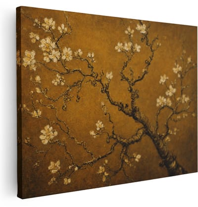 Artaza Canvas Schilderij Amandelbloesem Goud - Bloemen Kunst - 80x60 cm - Wanddecoratie Woonkamer - Schilderijen - Muurdecoratie