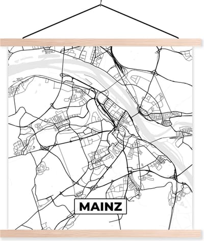 Posterhanger incl. Poster 40x40 cm - Schoolplaat - Mainz - Plattegrond - Kaart - Stadskaart - Textielposter - Blanke latten - Stadskaart