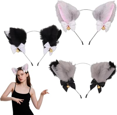 Cosplay Haarband met Pluche Kattenoren, Vossenoren en Wolforen - 3 Stuks voor Feestjes, Halloween en Kostuums - Comfortabel en Duurzaam - Zwart