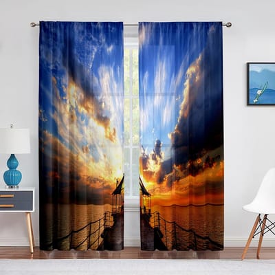 Rideau en Voile transparent avec paysage Tropical de plage, océan, vagues de mer hawaïennes, en Tulle, pour salon, chambre à coucher, décoration de cuisine 1 PCS W100XH250cm&Grommet Top