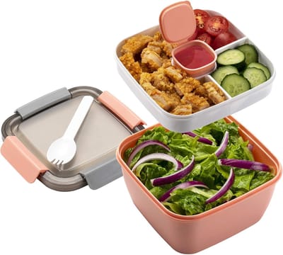 Lunchbox voor salade - Saladekom met deksel - Bakje voor saladedressing - Herbruikbare vork - Geschikt voor saladetoppings en snacks - Roze