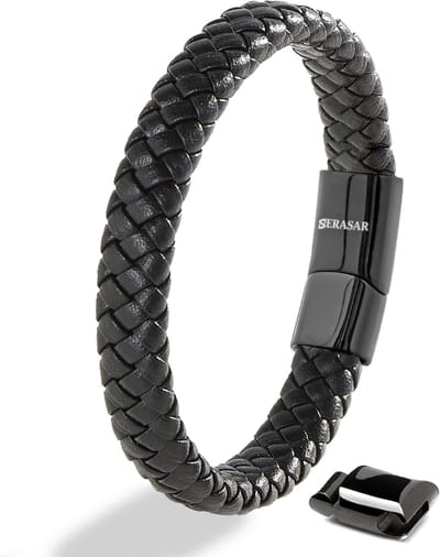 SERASAR Premium Echt Leren Armband voor Heren [Steady] Zwart, 20 cm, Magnetische Sluiting van Roestvrij Staal, Inclusief geschenkdoos