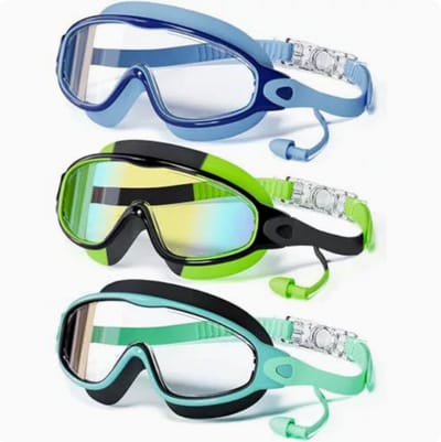 Kinderzwembril - Driedelige kinderzwembril met oordopjes - Anti-condens, UV-bescherming, unisex - Blauw + Groen + Lichtgroen