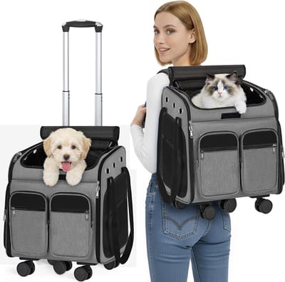 2-in-1 Kattenrugzak met Trolley tot 20 kg, Grote Draagtas voor Katten met Wielen, Ademend en Multifunctioneel, Grijs