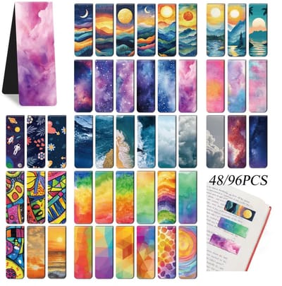 96 Stuks Magnetische Bladwijzers Set – Kleurrijke Mix (Galaxy, Oceaan, Abstract) – Sterke Boekenleggers & Pagina Markers – Voor Lezen, School & Kantoor – Cadeau voor Mannen en Vrouwen